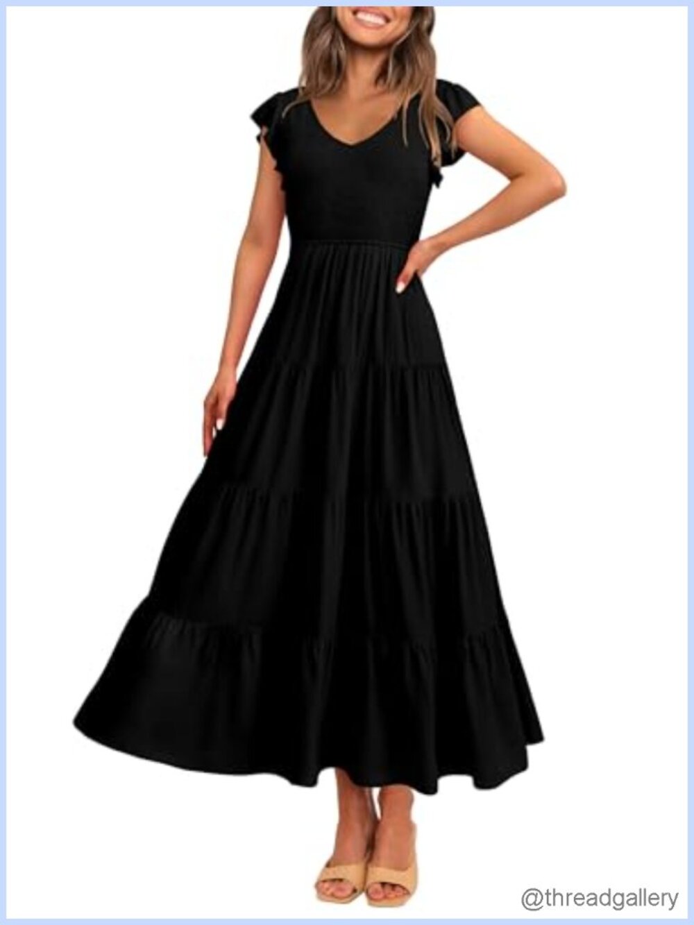 Women's Smocked Flowy Maxi Dress V Neck Ruffle Cap Sleeve Sundress